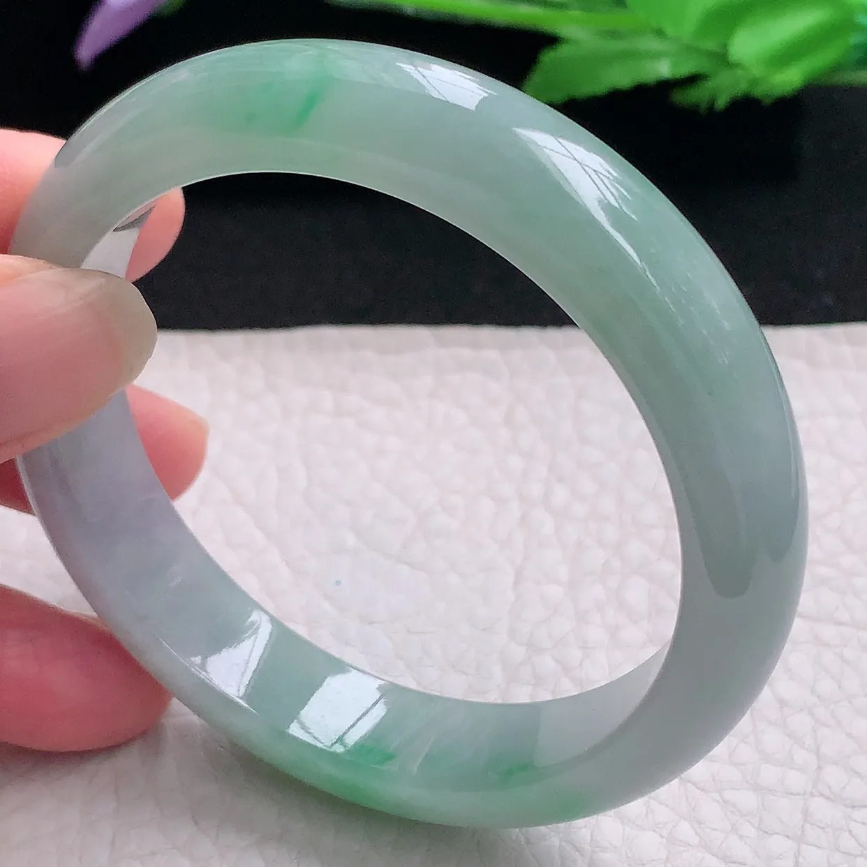 pj自然光55.8*12.3*8平安镯 缅甸翡翠A货玉手镯水灵飘绿宽边玉手环