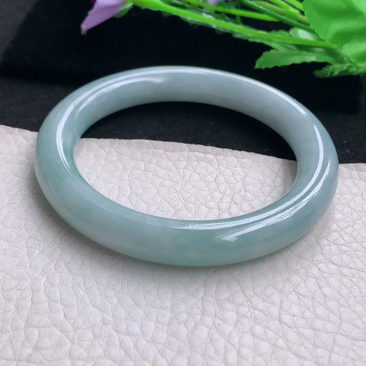 js自然光58.5*10.5*10.2美人镯 缅甸翡翠A货玉手镯蓝绿韵圆条玉手环 叮当镯