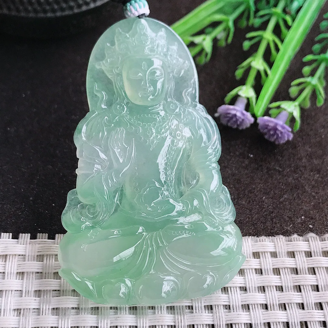 天然A货翡翠64/41.2/5.8老坑冰种果冻胶冰晴甜绿渡母菩萨精美吊坠翡翠挂件