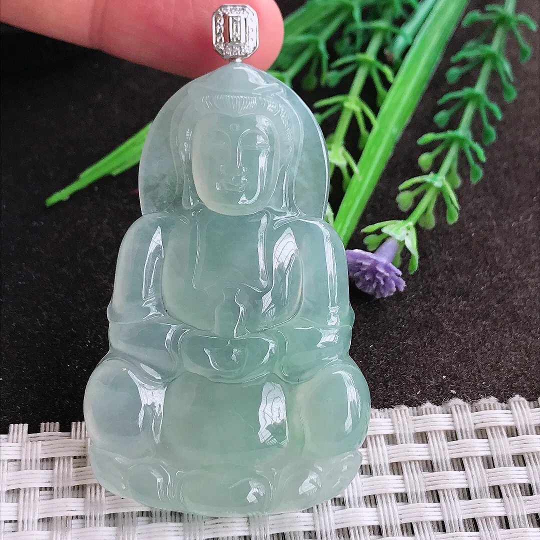 天然A货翡翠57.8/36.6/6老坑18k金镶嵌冰种果冻胶冰晴绿正装观音吊坠翡翠挂件