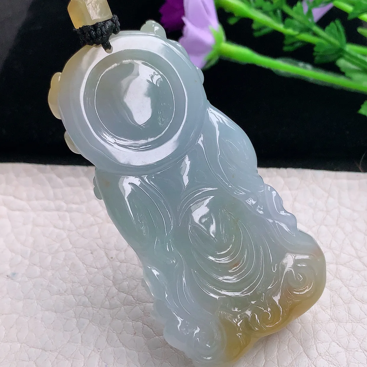 yl实拍70*37.6*12.6缅甸天然翡翠精雕俏黄翡冰透财神爷吊坠 招财进宝