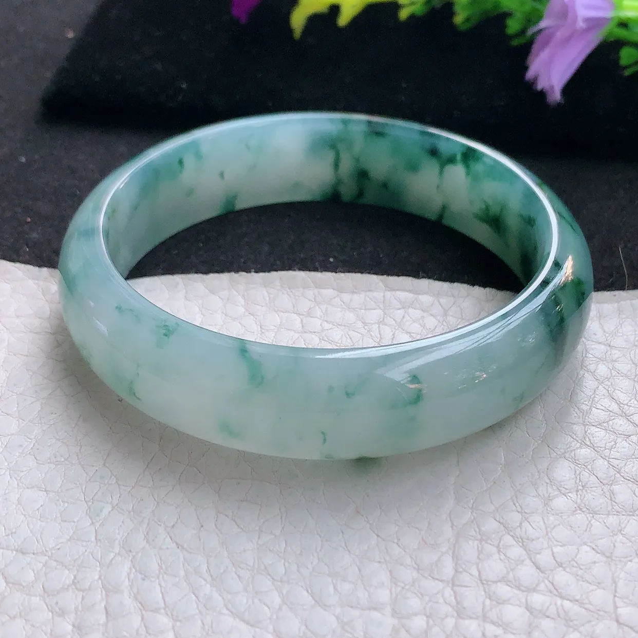 Js实拍57*14.8*6.6平安镯 天然翡翠A货手镯冰透飘花宽边正圈玉镯子