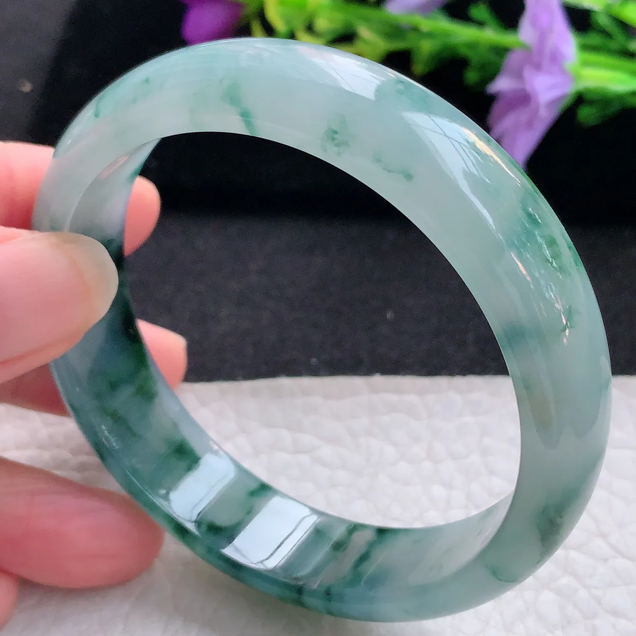 Js实拍57*14.8*6.6平安镯 天然翡翠A货手镯冰透飘花宽边正圈玉镯子