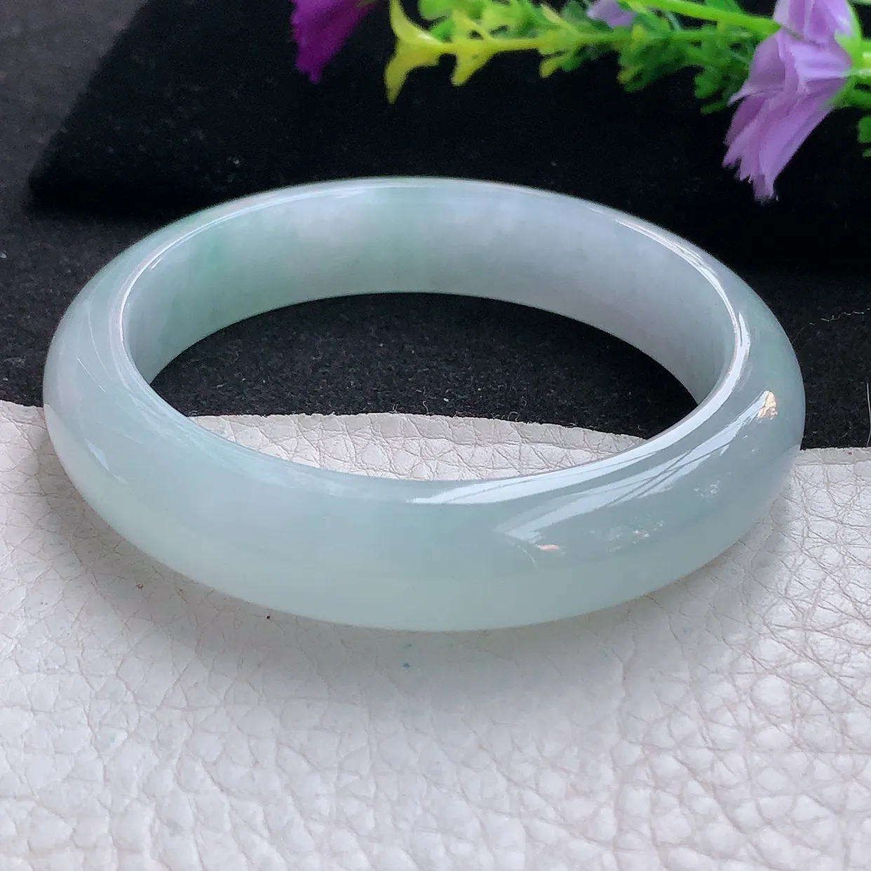 r实拍56.5*13.2*8.3平安镯 天然翡翠A货手镯冰透白月光宽边正圈玉镯子