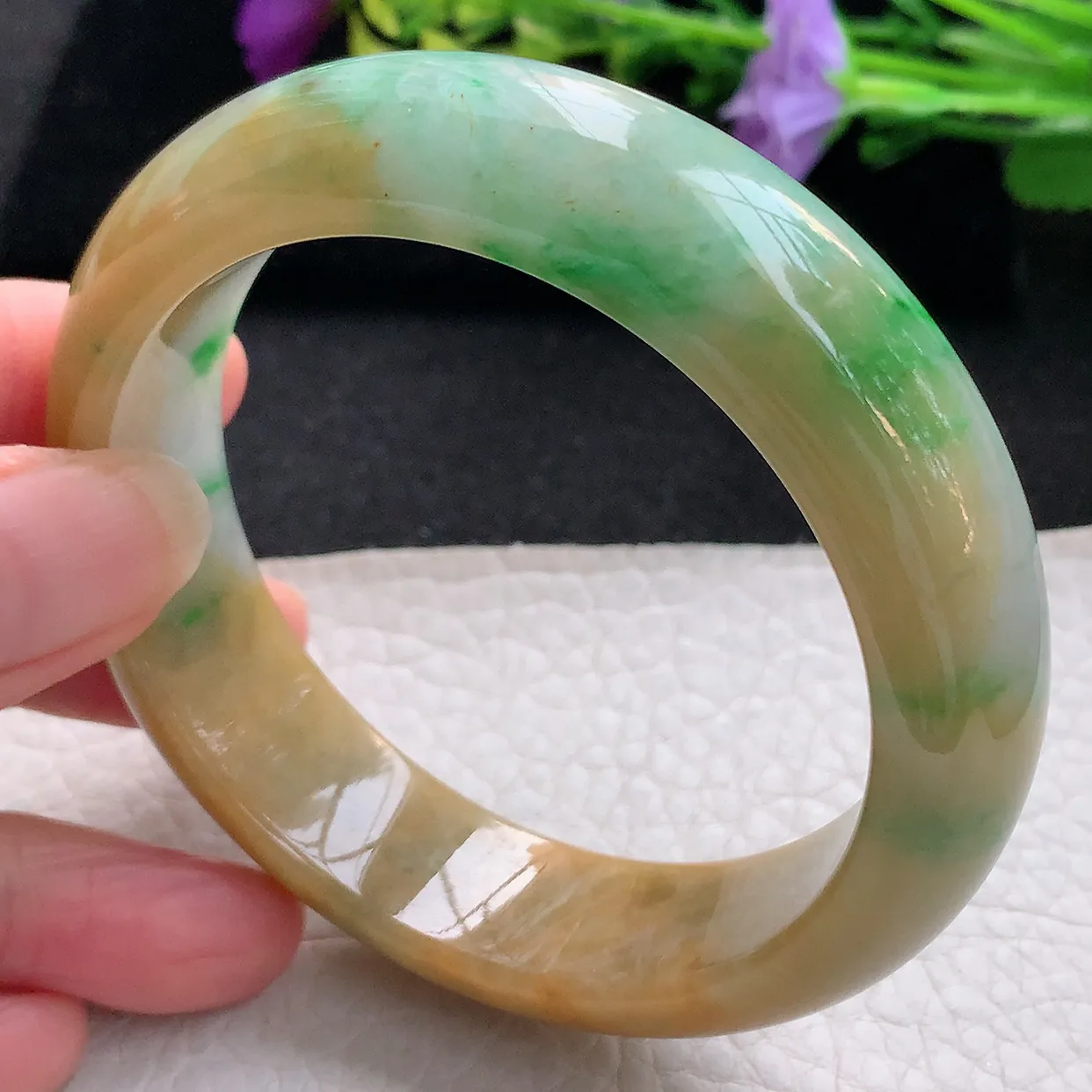 Ss实拍57.5*16.2*9轮胎镯 天然翡翠A货手镯黄加绿三彩宽边正圈平安镯加厚