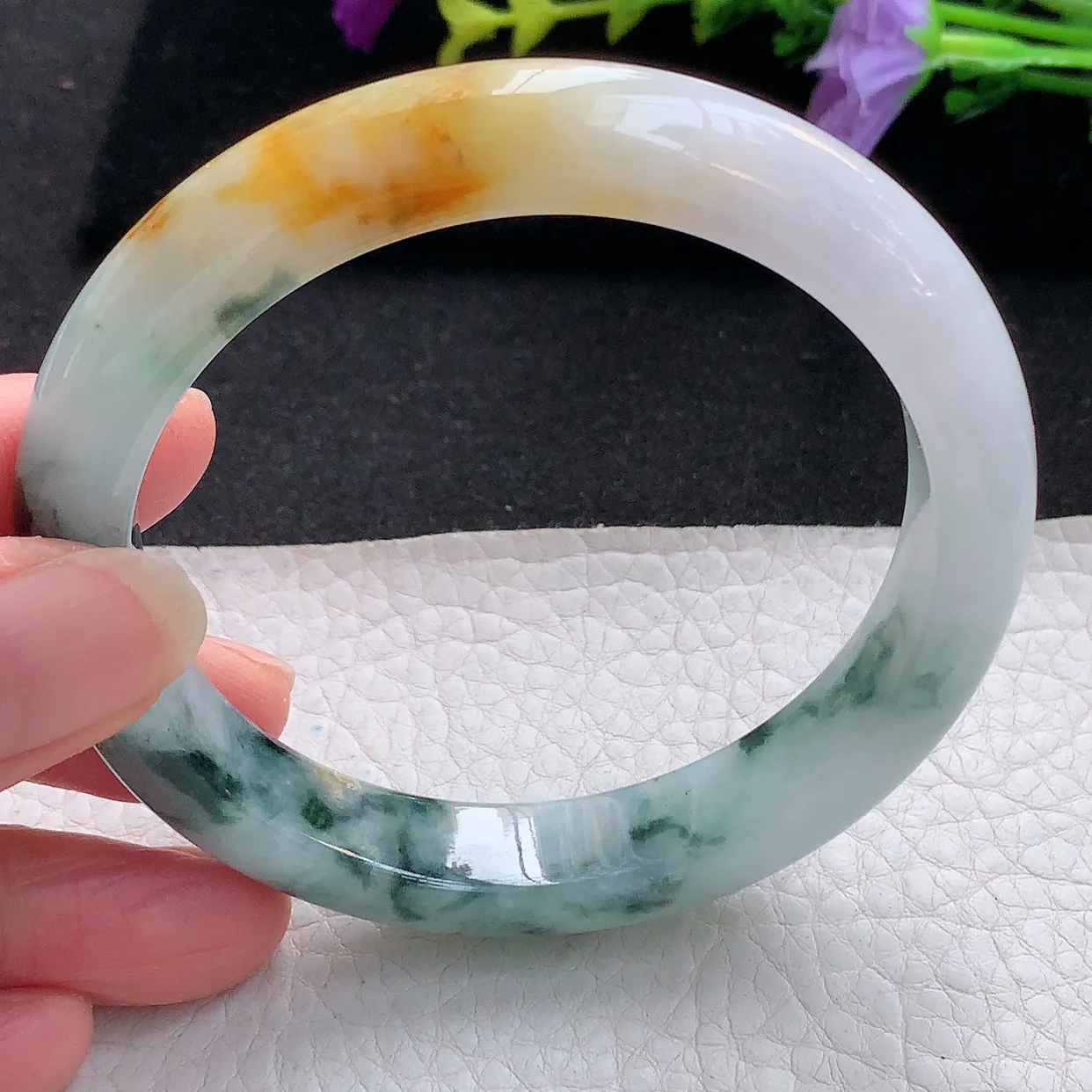 ss大圈口60*11.8*8.8平字镯 天然翡翠A货手镯三彩黄翡飘花宽边正圈平安镯