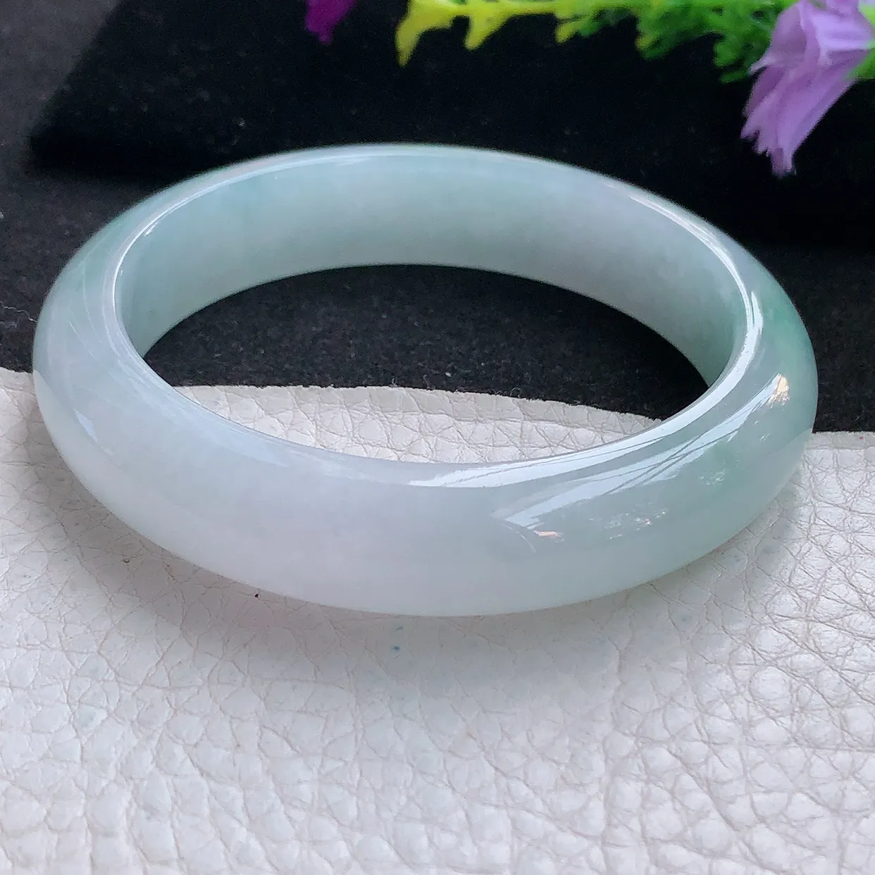 r实拍56.5*13.2*8.3平安镯 天然翡翠A货手镯冰透白月光宽边正圈玉镯子