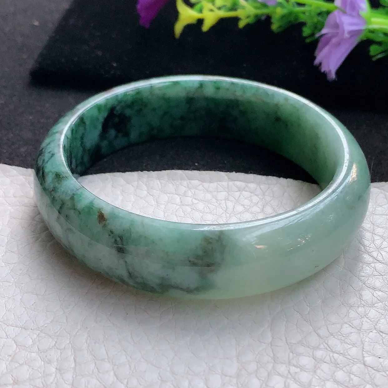 n大圈口59*17*8.5轮胎镯 天然翡翠A货手镯飘花宽边正圈平安镯