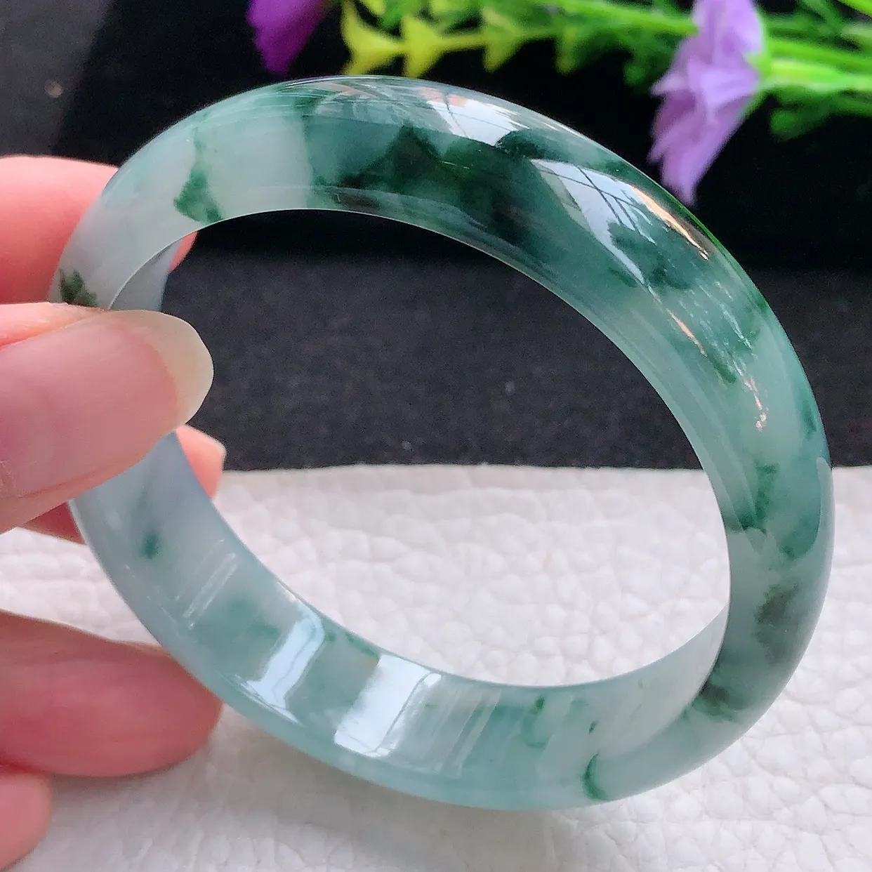 Js实拍57*14.8*6.6平安镯 天然翡翠A货手镯冰透飘花宽边正圈玉镯子