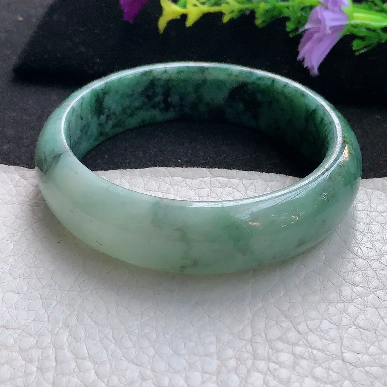 n大圈口59*17*8.5轮胎镯 天然翡翠A货手镯飘花宽边正圈平安镯