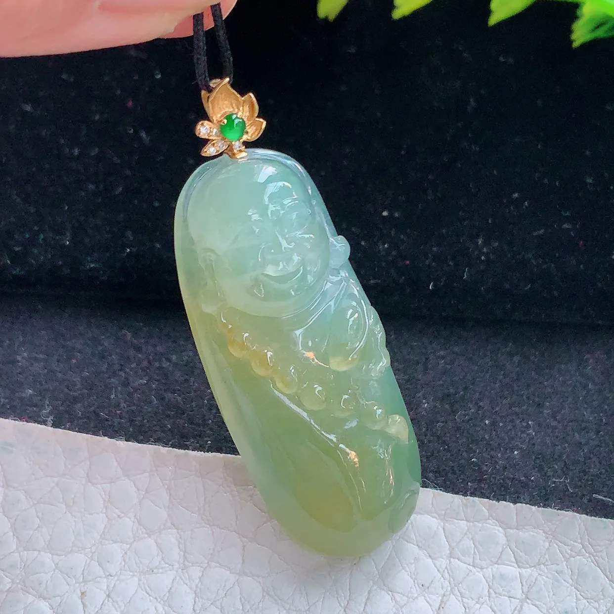 yl实拍40*16.5*10缅甸翡翠弥勒佛玉坠 黄翡福在眼前项坠镶18k金扣