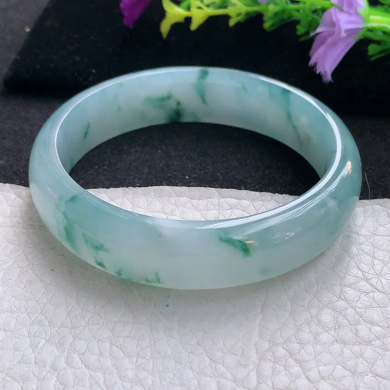 Js实拍58.5*15*7.5平安镯 天然翡翠A货手镯冰透飘花宽边正圈玉镯子