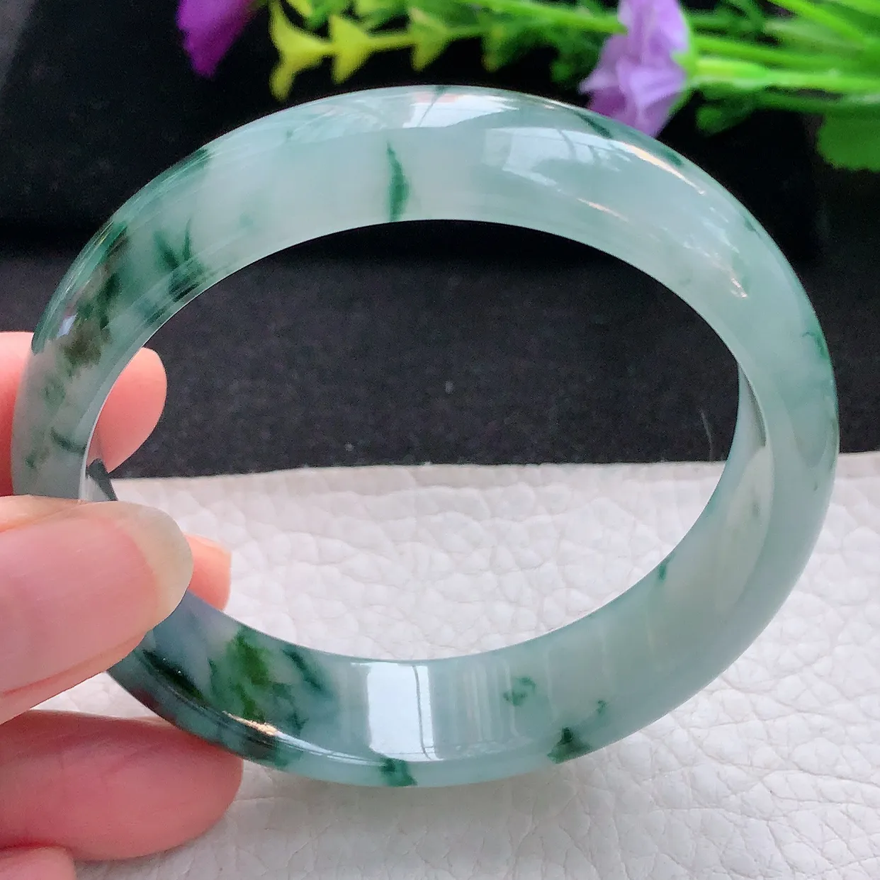 Js实拍57*14.8*6.6平安镯 天然翡翠A货手镯冰透飘花宽边正圈玉镯子