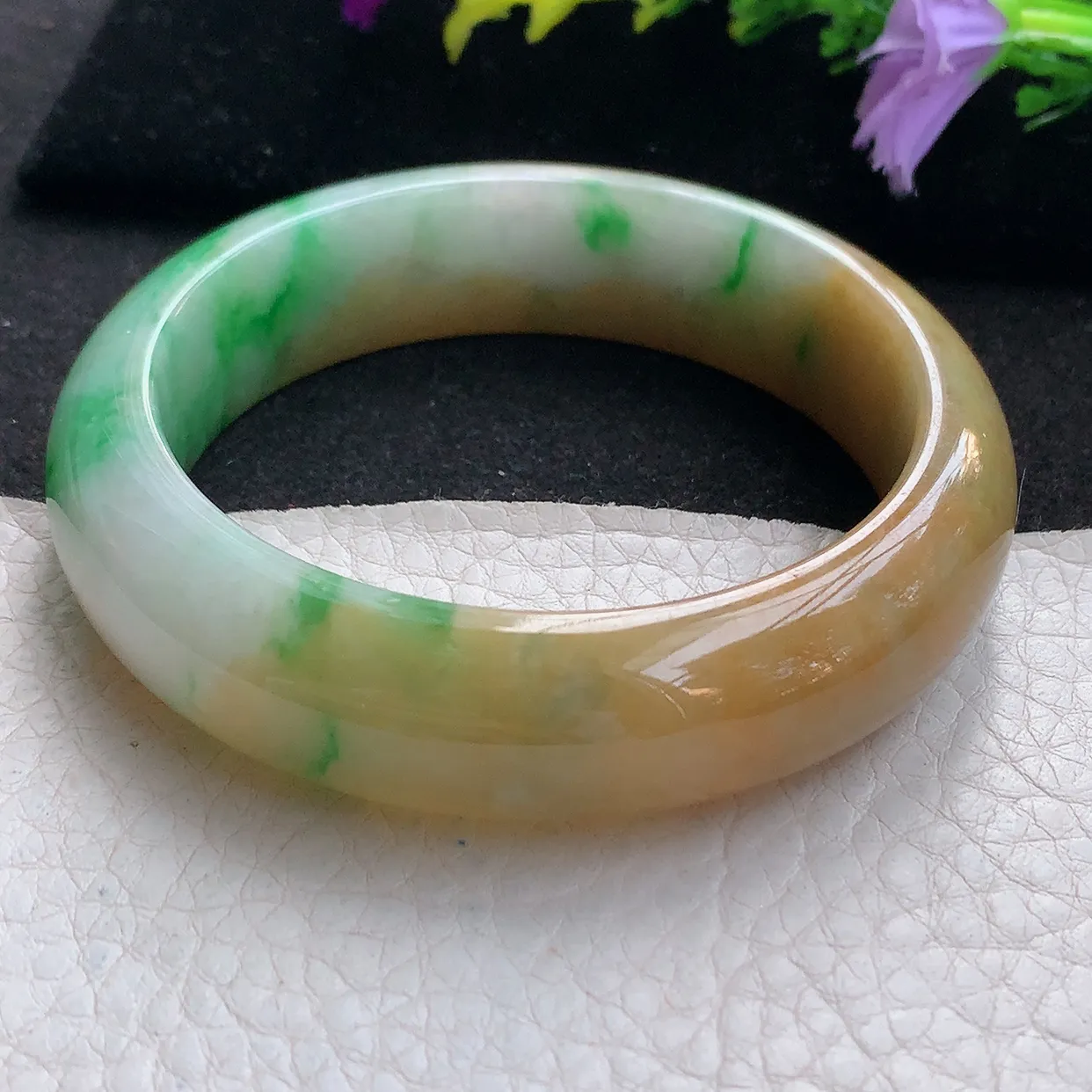Ss实拍57.5*16.2*9轮胎镯 天然翡翠A货手镯黄加绿三彩宽边正圈平安镯加厚