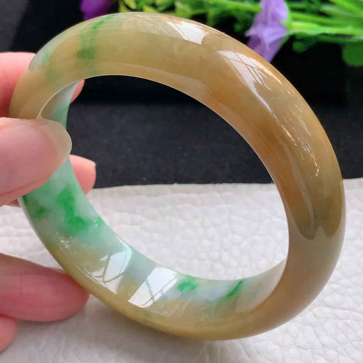 Ss实拍57.5*16.2*9轮胎镯 天然翡翠A货手镯黄加绿三彩宽边正圈平安镯加厚