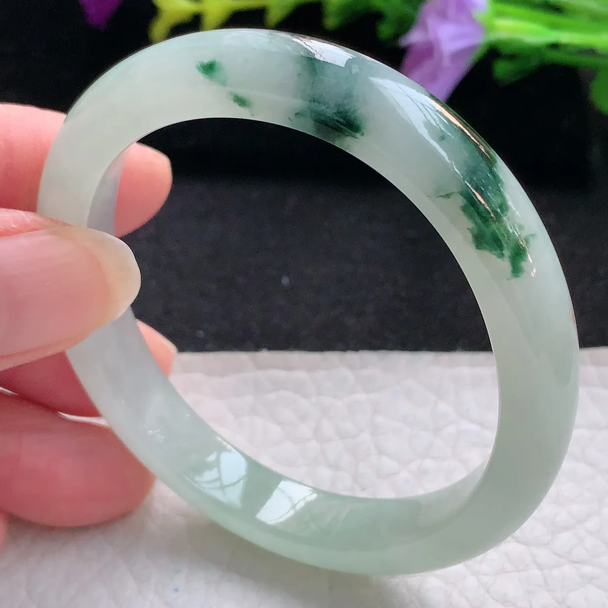 Z实拍54*46.5*9*7贵妃镯 天然翡翠A货手镯冰飘花宽边椭圆玉镯子
