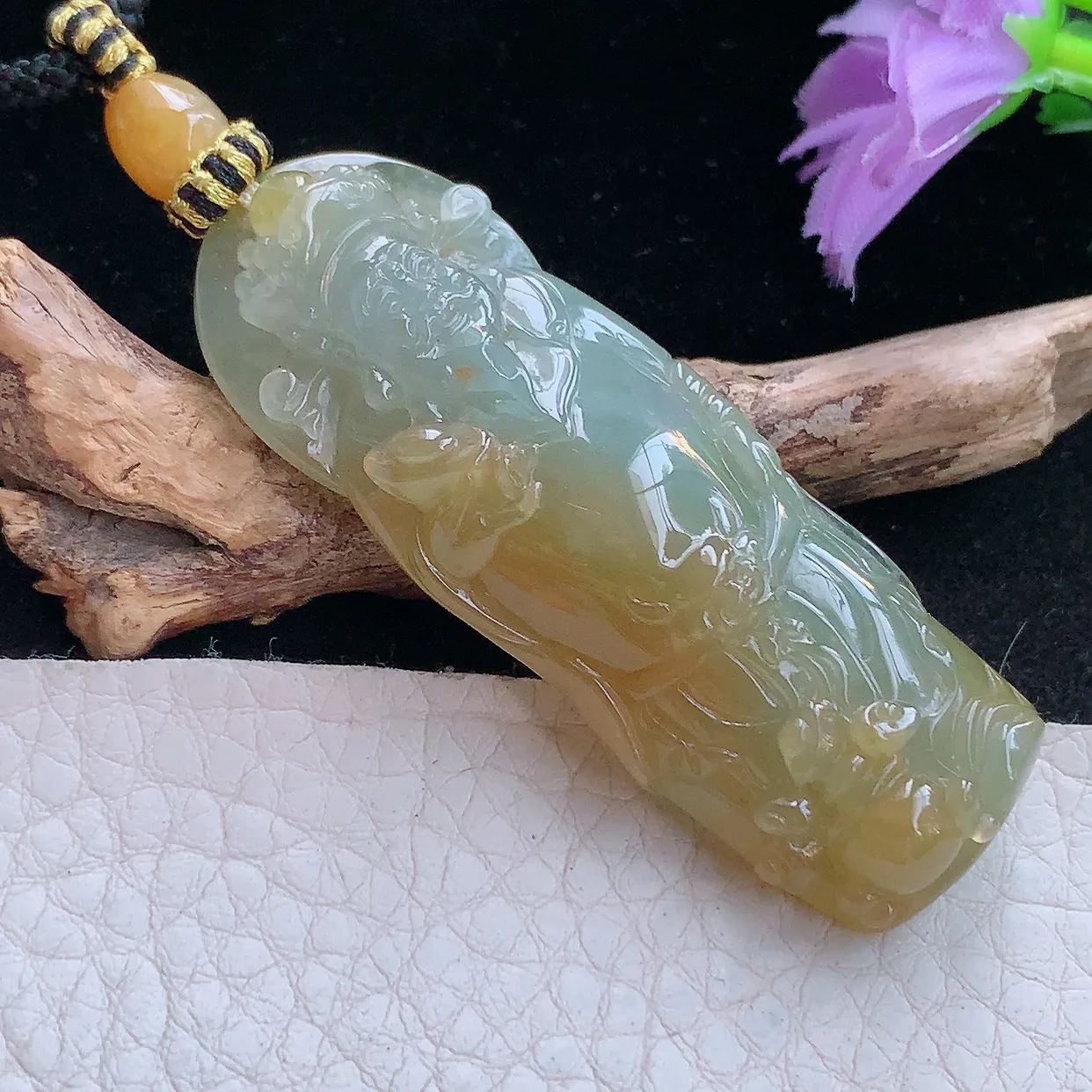 yl实拍56.5*20.3*10.5缅甸翡翠财神爷玉坠 红黄翡招财进宝镶18k金扣