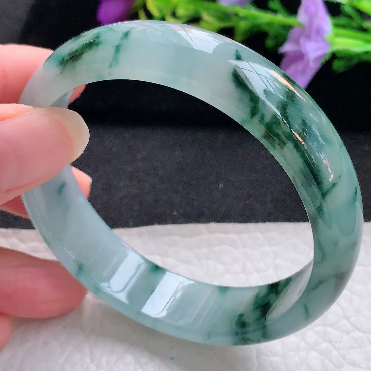 Js实拍57*14.8*6.6平安镯 天然翡翠A货手镯冰透飘花宽边正圈玉镯子