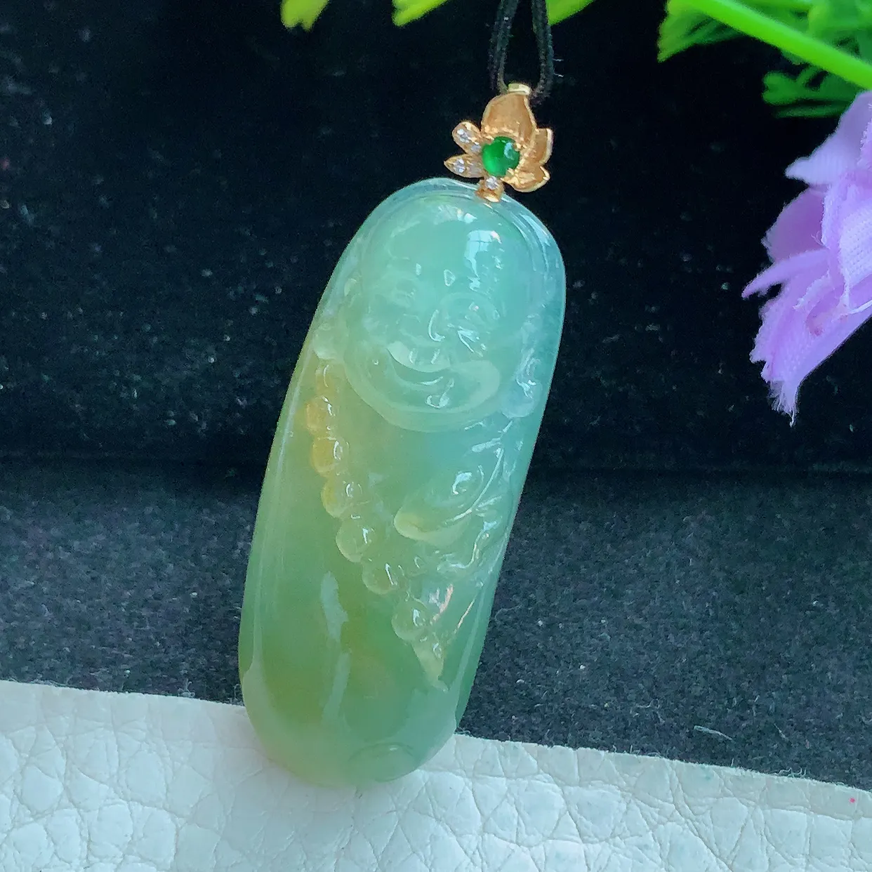 yl实拍40*16.5*10缅甸翡翠弥勒佛玉坠 黄翡福在眼前项坠镶18k金扣