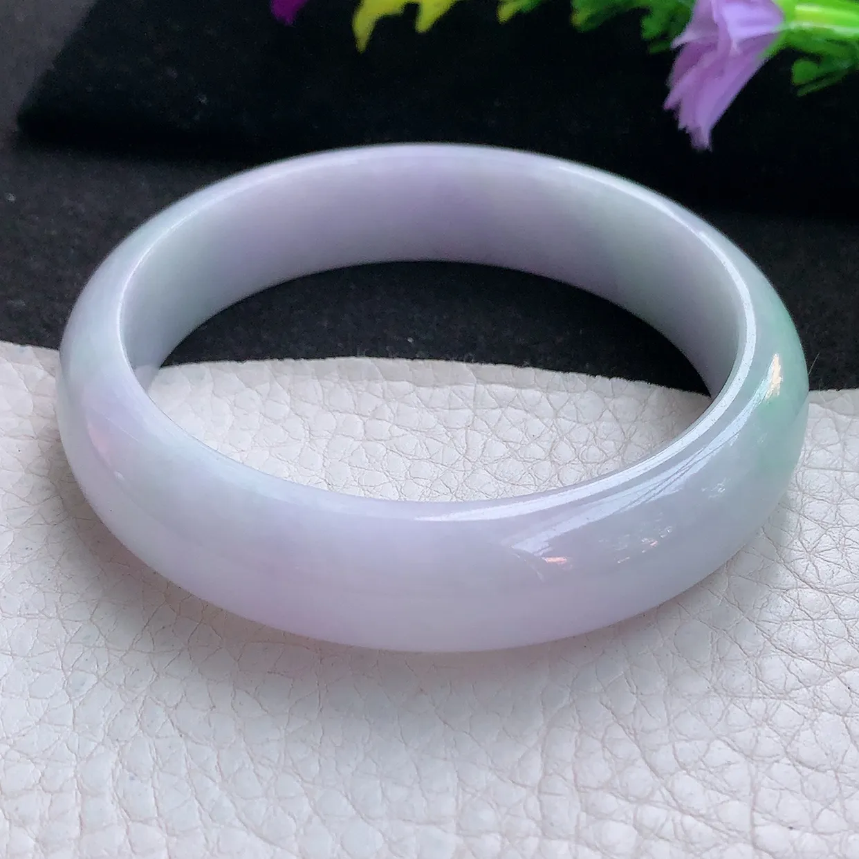 Ee大圈口59.3*14*7.8平安镯 天然翡翠A货手镯淡绿淡紫宽边正圈玉镯子