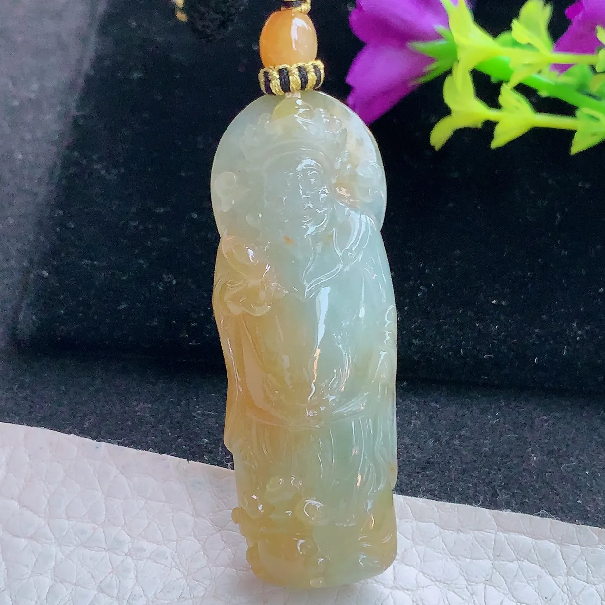 yl实拍56.5*20.3*10.5缅甸翡翠财神爷玉坠 红黄翡招财进宝镶18k金扣