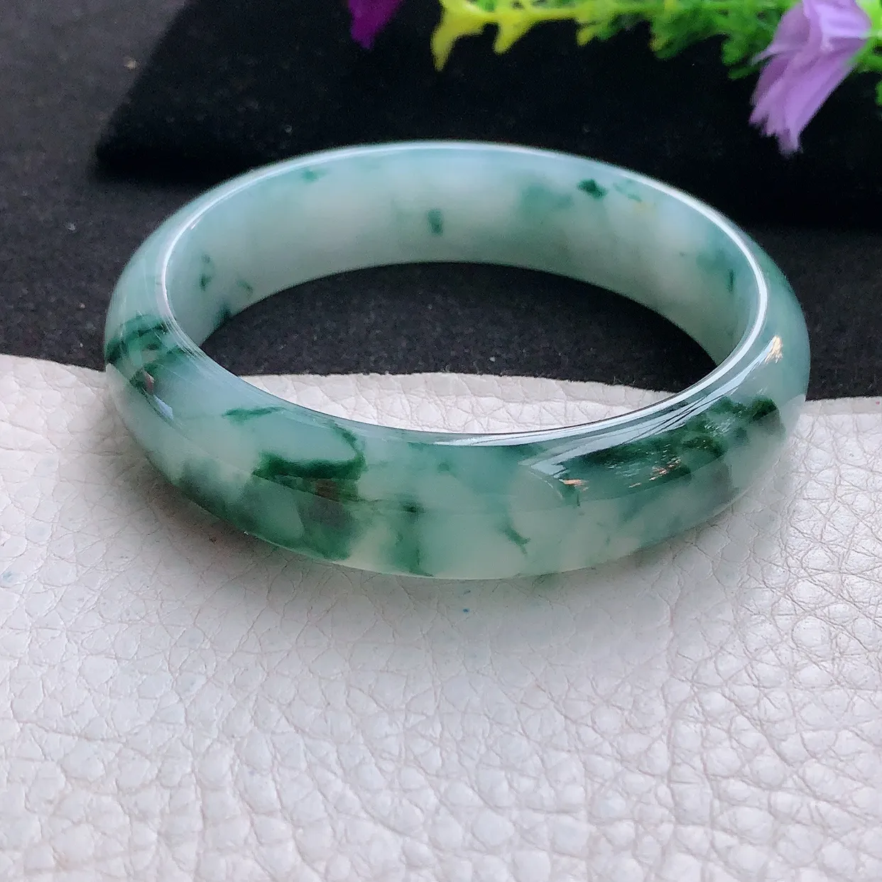 Js实拍57*14.8*6.6平安镯 天然翡翠A货手镯冰透飘花宽边正圈玉镯子