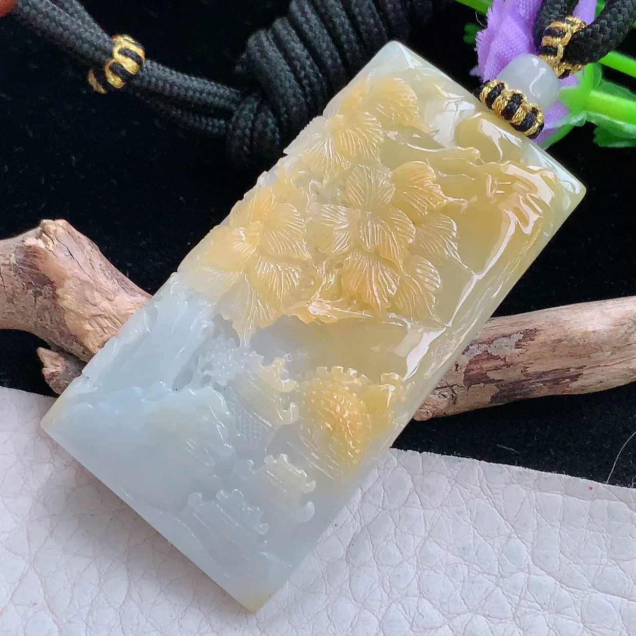 yl实拍56*29.8*9.5缅甸翡翠黄翡山水牌玉坠 锦绣山河项坠