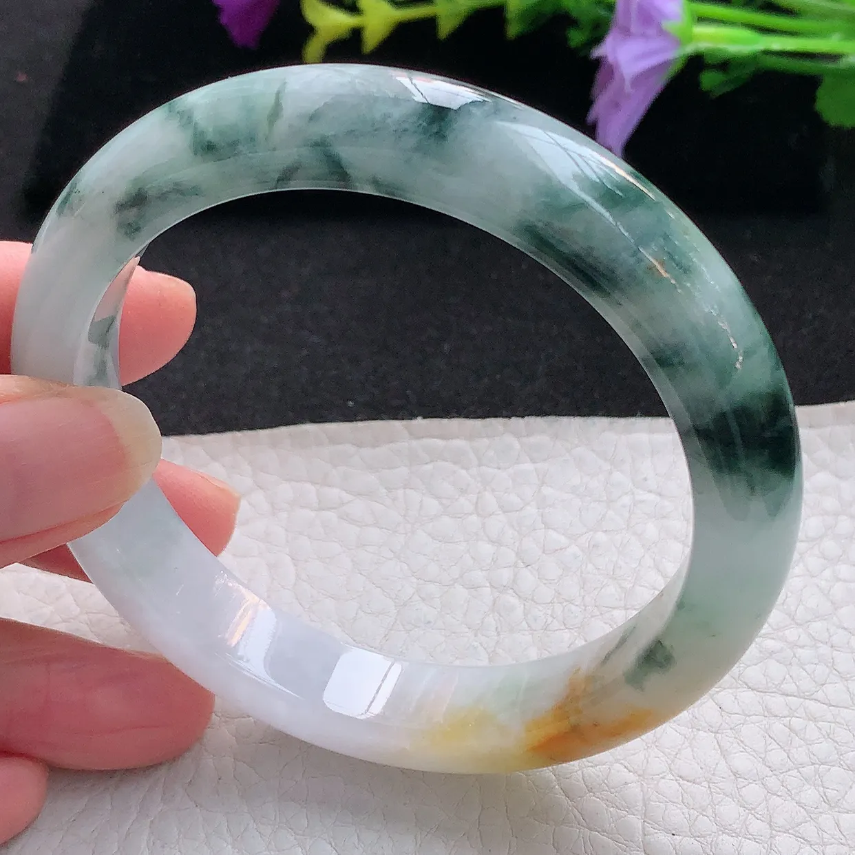 ss大圈口60*11.8*8.8平字镯 天然翡翠A货手镯三彩黄翡飘花宽边正圈平安镯