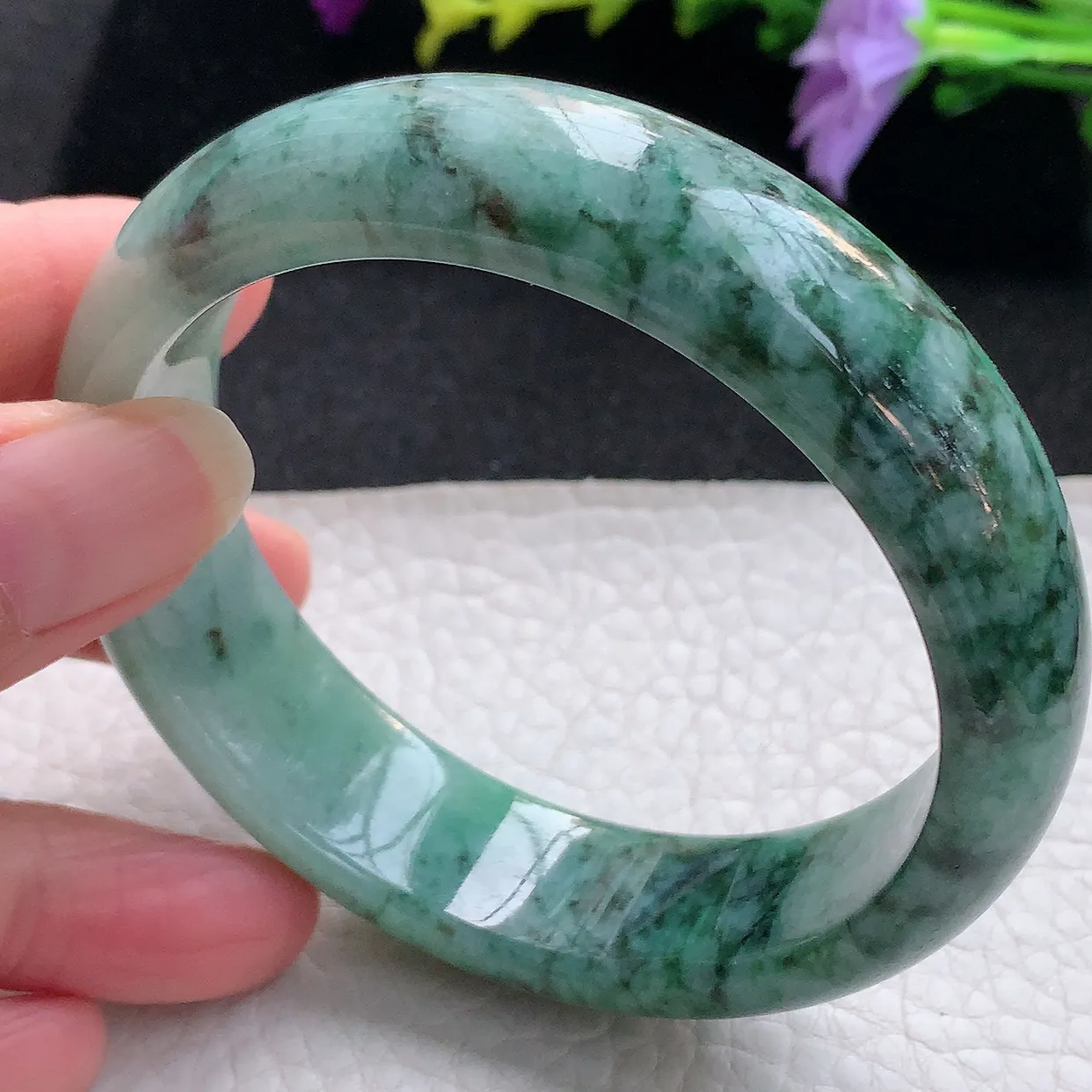 n大圈口59*17*8.5轮胎镯 天然翡翠A货手镯飘花宽边正圈平安镯
