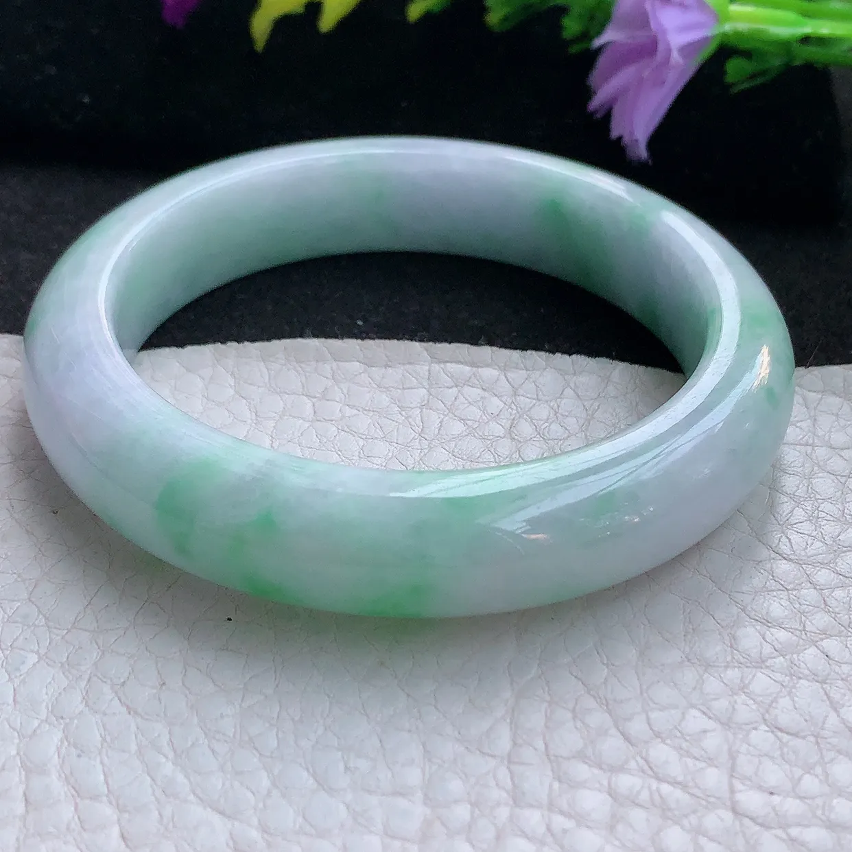 Ee实拍55.5*12.5*8.8平安镯 天然翡翠A货手镯飘绿宽边正圈玉镯子