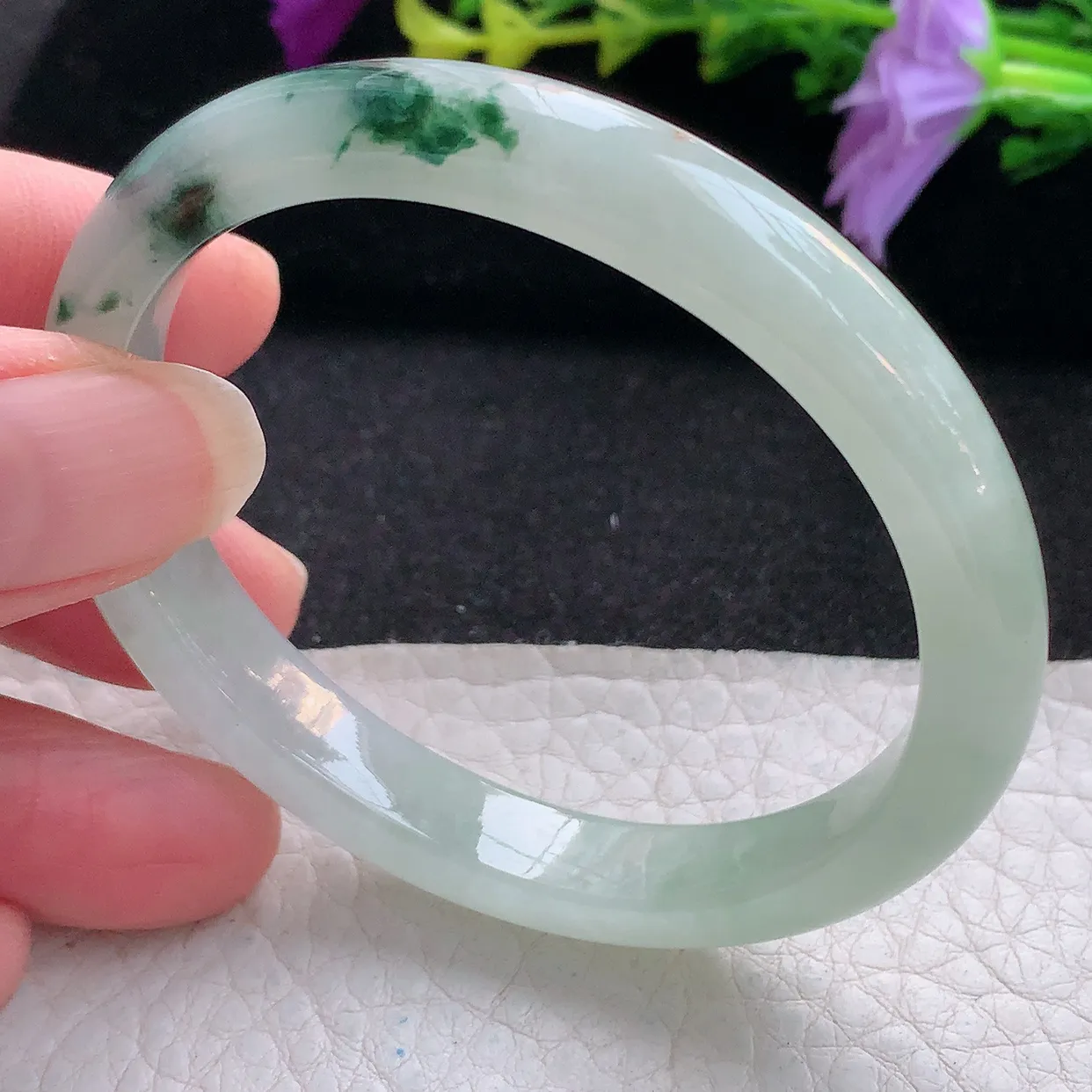 Z实拍54*46.5*9*7贵妃镯 天然翡翠A货手镯冰飘花宽边椭圆玉镯子