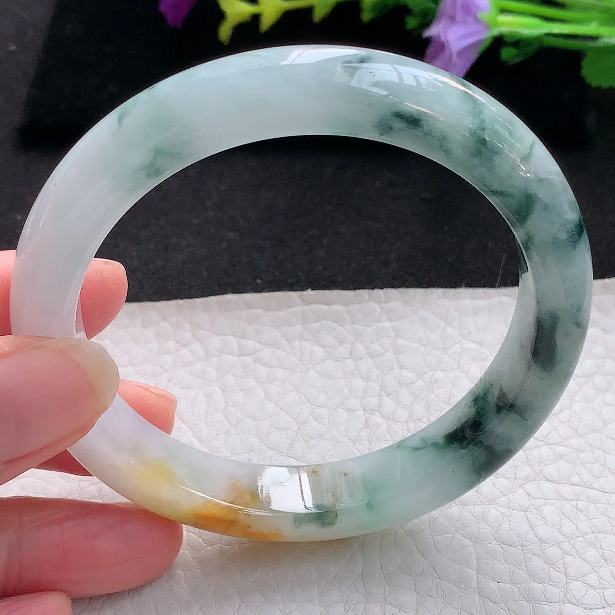 ss大圈口60*11.8*8.8平字镯 天然翡翠A货手镯三彩黄翡飘花宽边正圈平安镯
