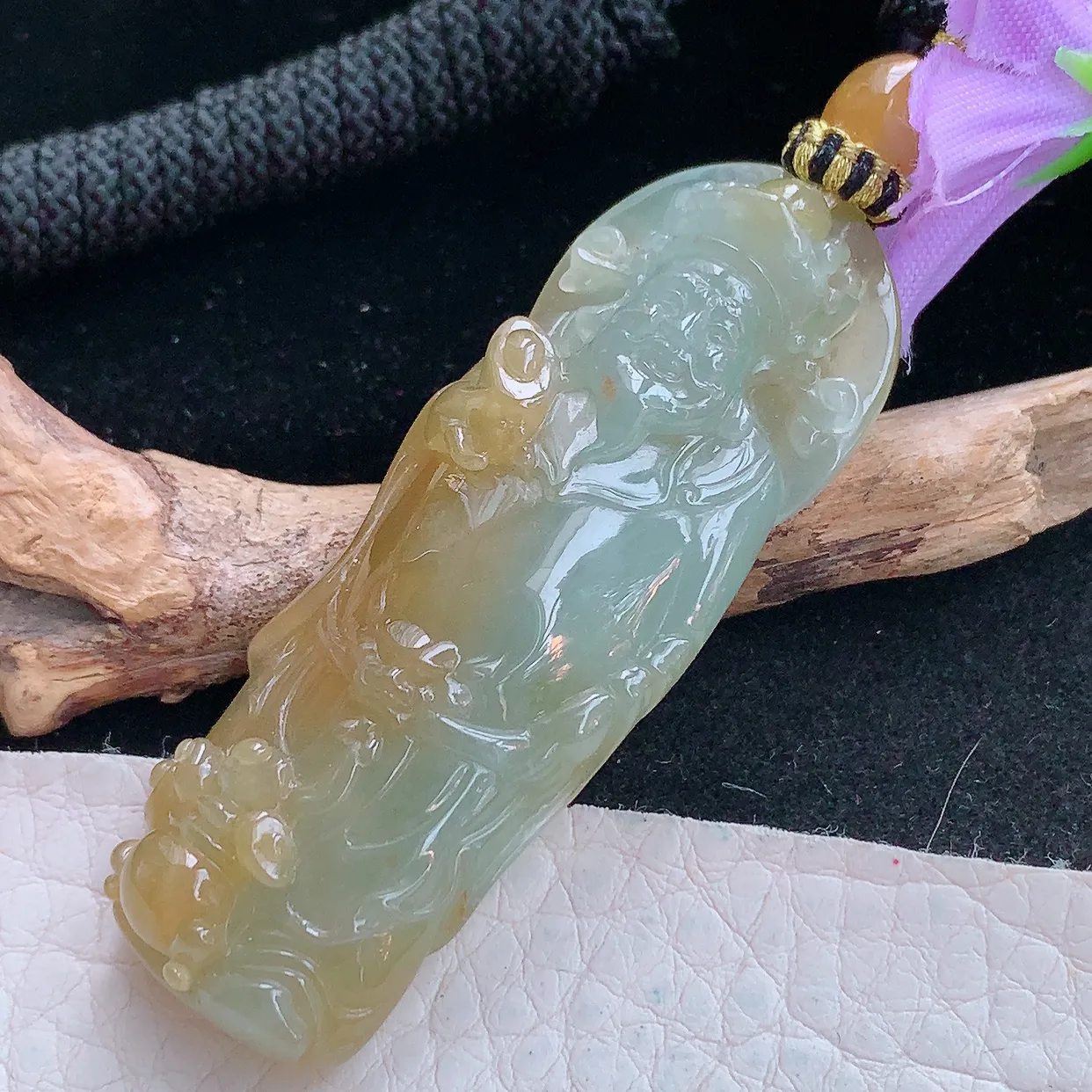 yl实拍56.5*20.3*10.5缅甸翡翠财神爷玉坠 红黄翡招财进宝镶18k金扣