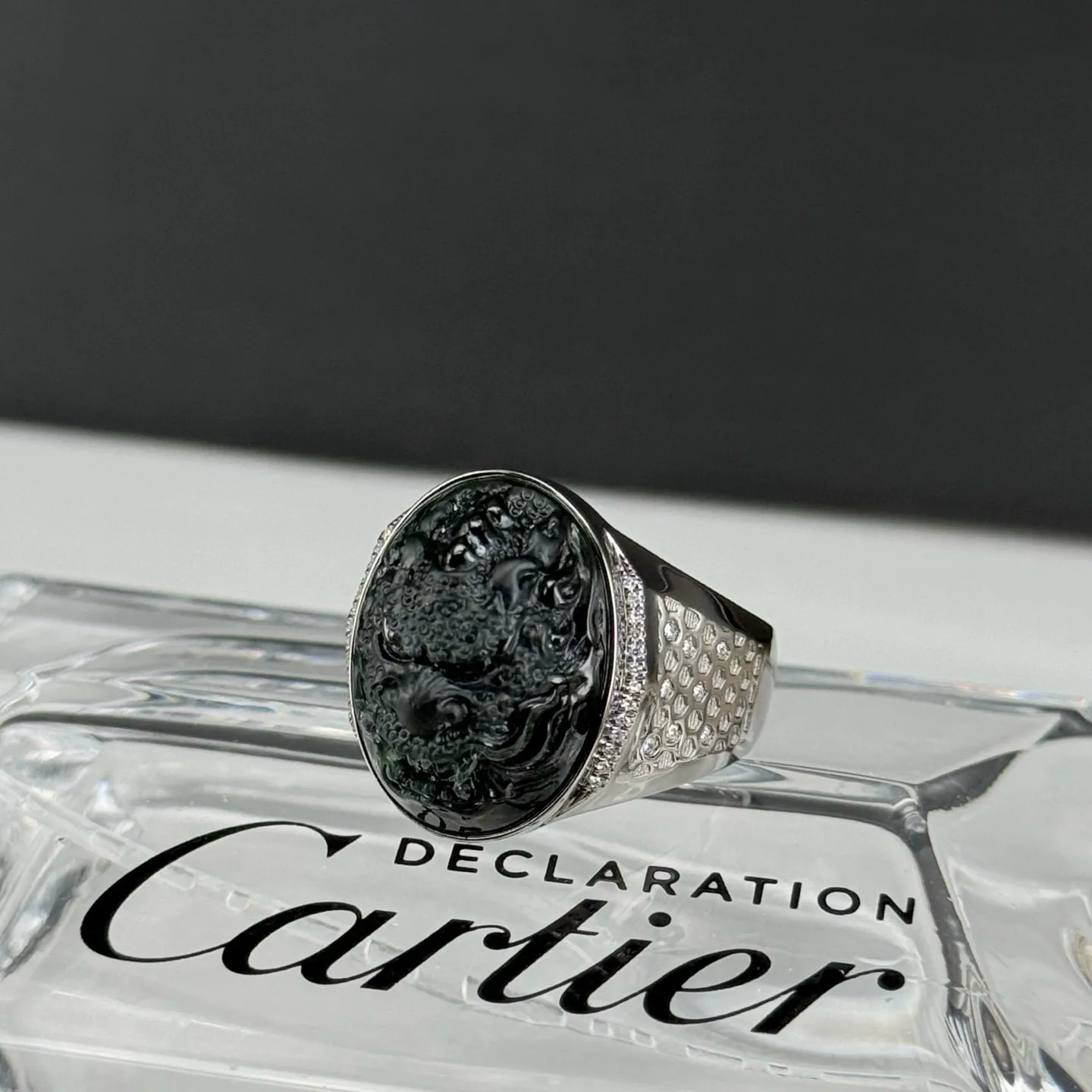 精品墨翠龙头戒面 种好色正 黑度极好 打灯通透 油性十足  尺寸20.3