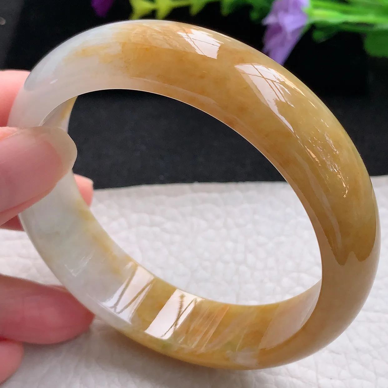 ss大圈口60*16.5*7.8轮胎镯 天然翡翠A货手镯黄翡宽边正圈平安镯