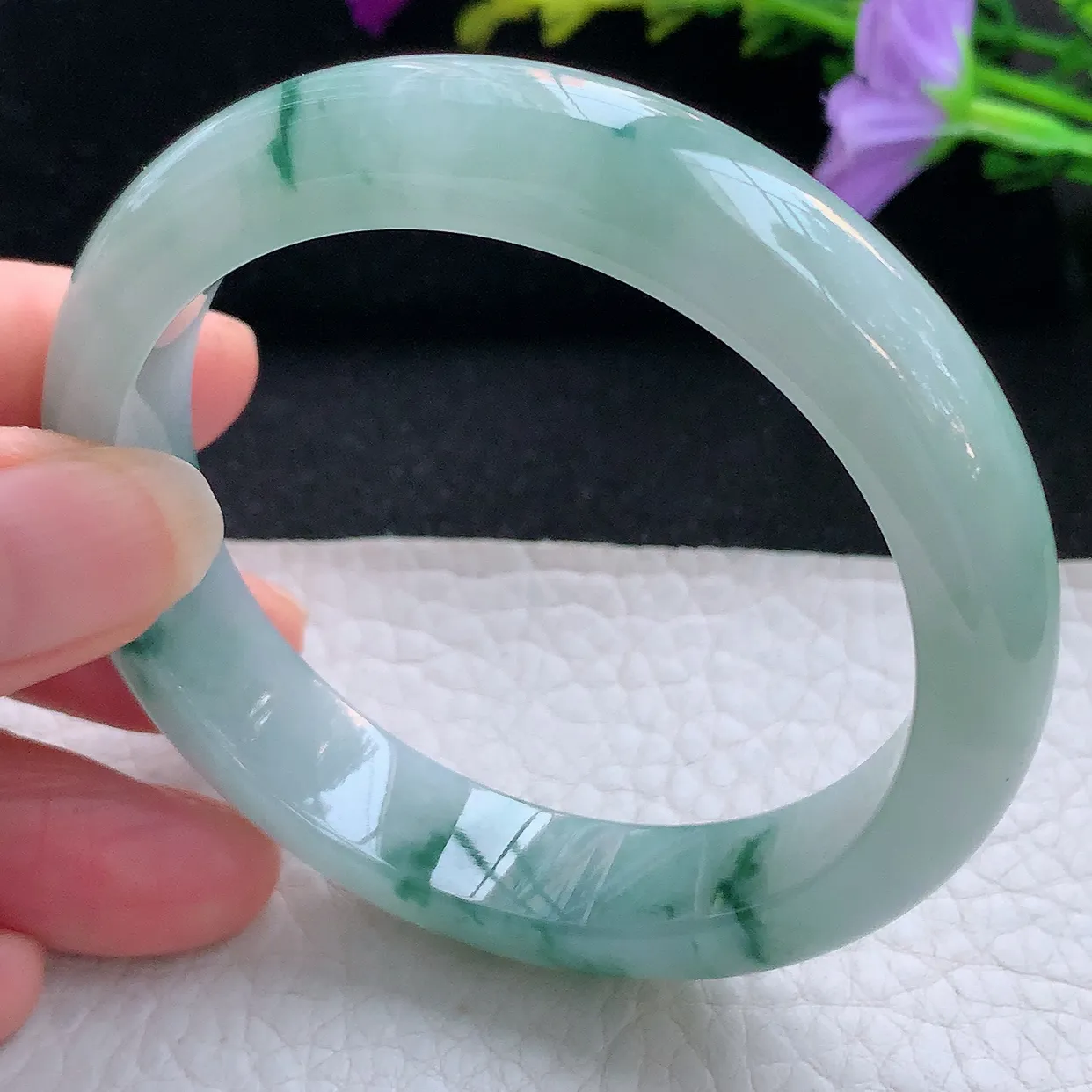 xh实拍55*12.2*8平安镯 天然缅甸翡翠手镯冰飘花玉镯