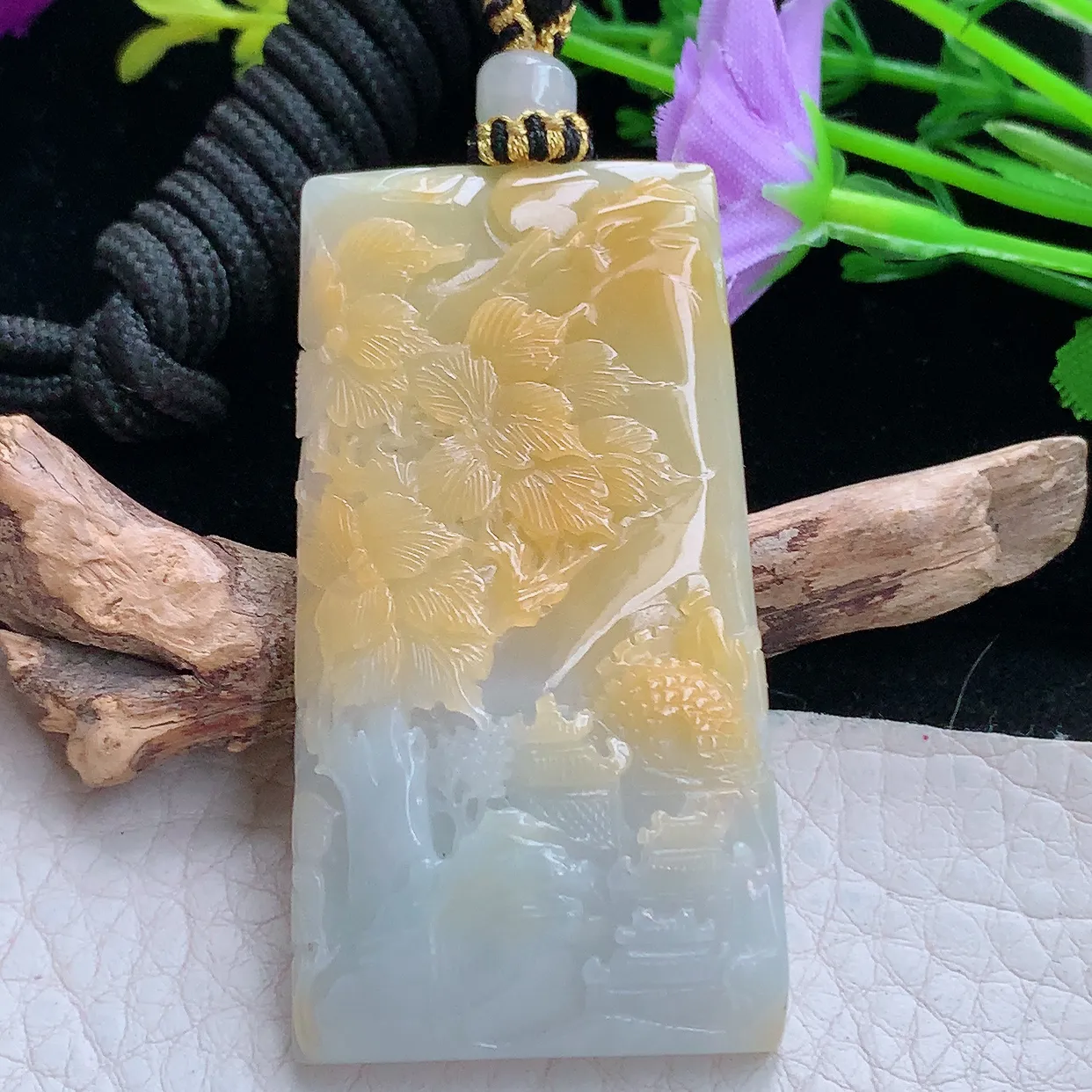 yl实拍56*29.8*9.5缅甸翡翠黄翡山水牌玉坠 锦绣山河项坠