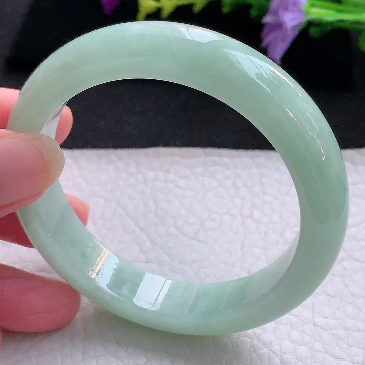 Ee大圈口55*12.5*8.5平安镯 天然翡翠A货手镯甜绿宽边正圈玉镯子