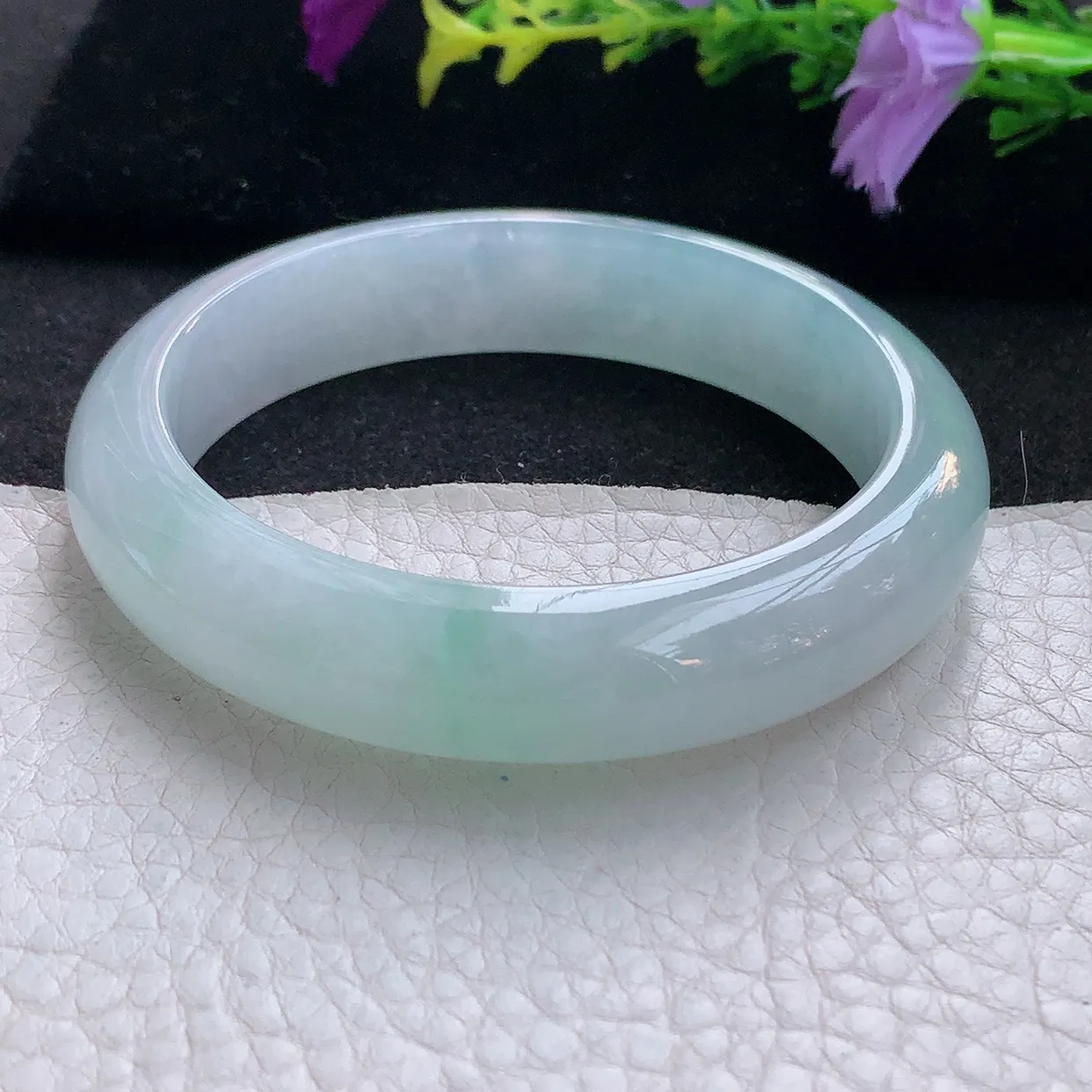 r实拍56.5*13.2*8.3平安镯 天然翡翠A货手镯冰透白月光宽边正圈玉镯子