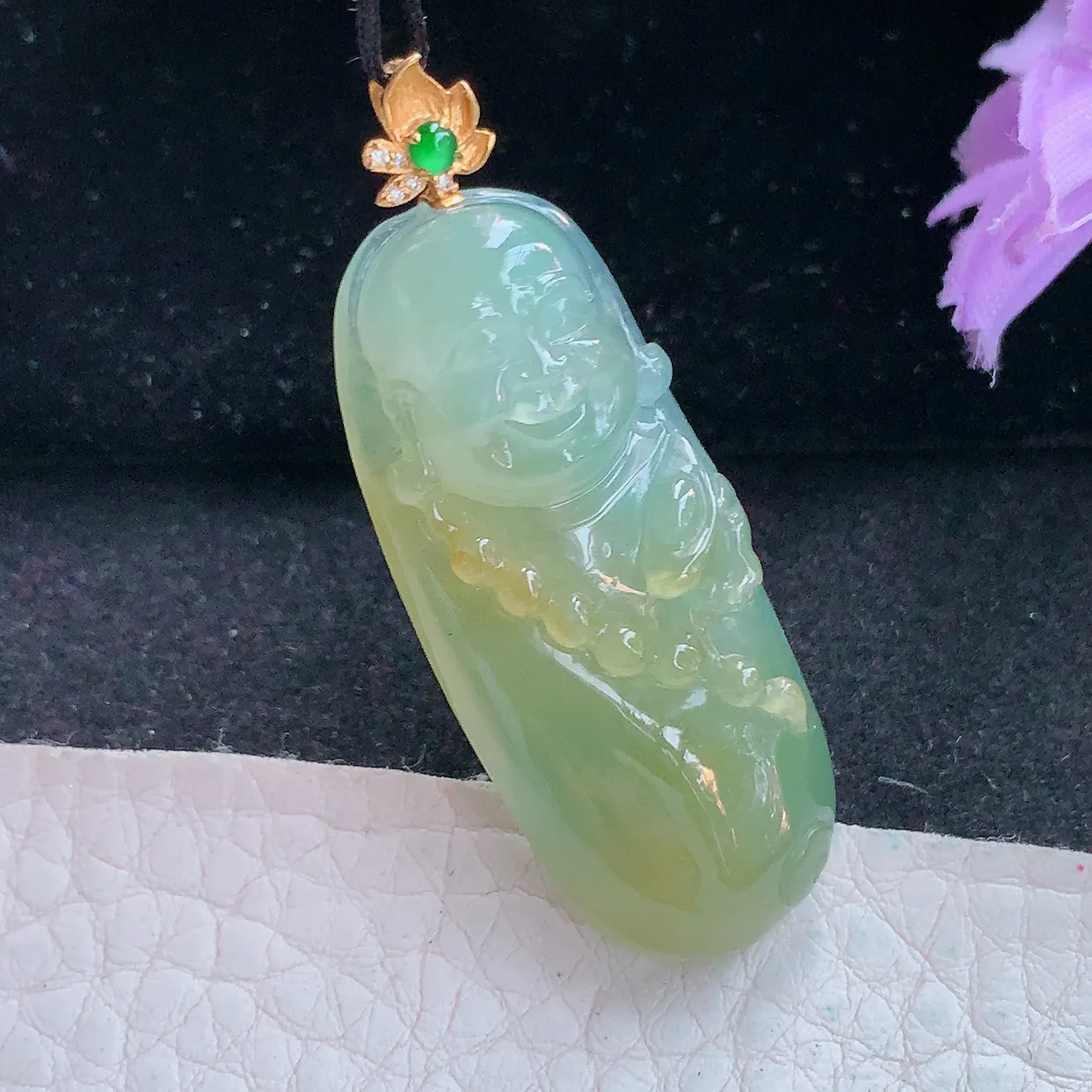 yl实拍40*16.5*10缅甸翡翠弥勒佛玉坠 黄翡福在眼前项坠镶18k金扣