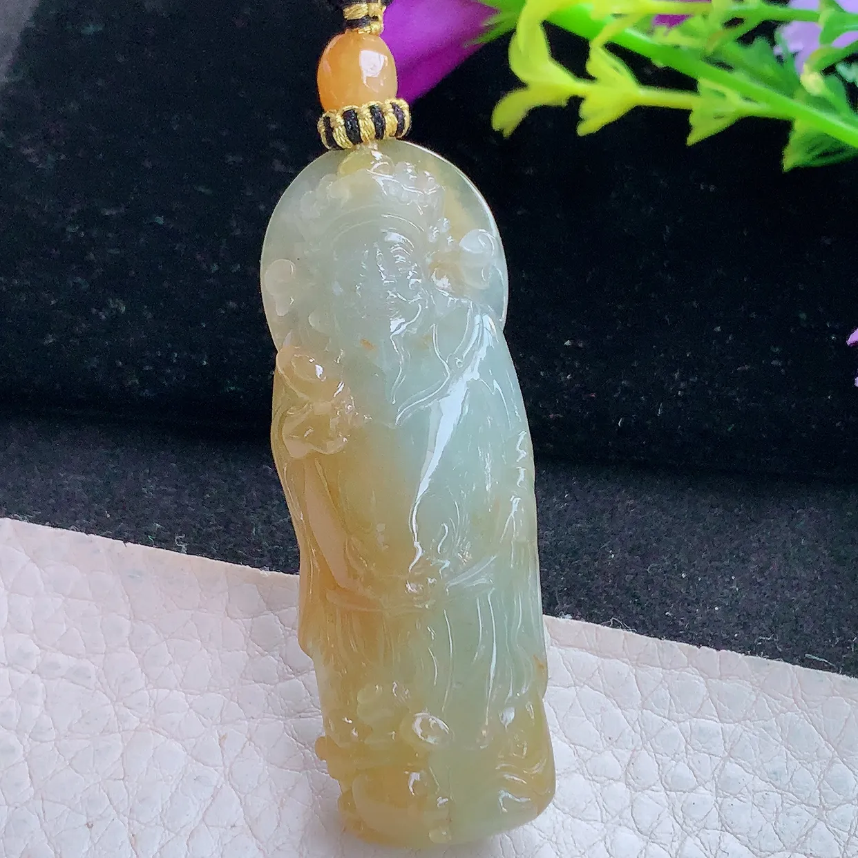 yl实拍56.5*20.3*10.5缅甸翡翠财神爷玉坠 红黄翡招财进宝镶18k金扣