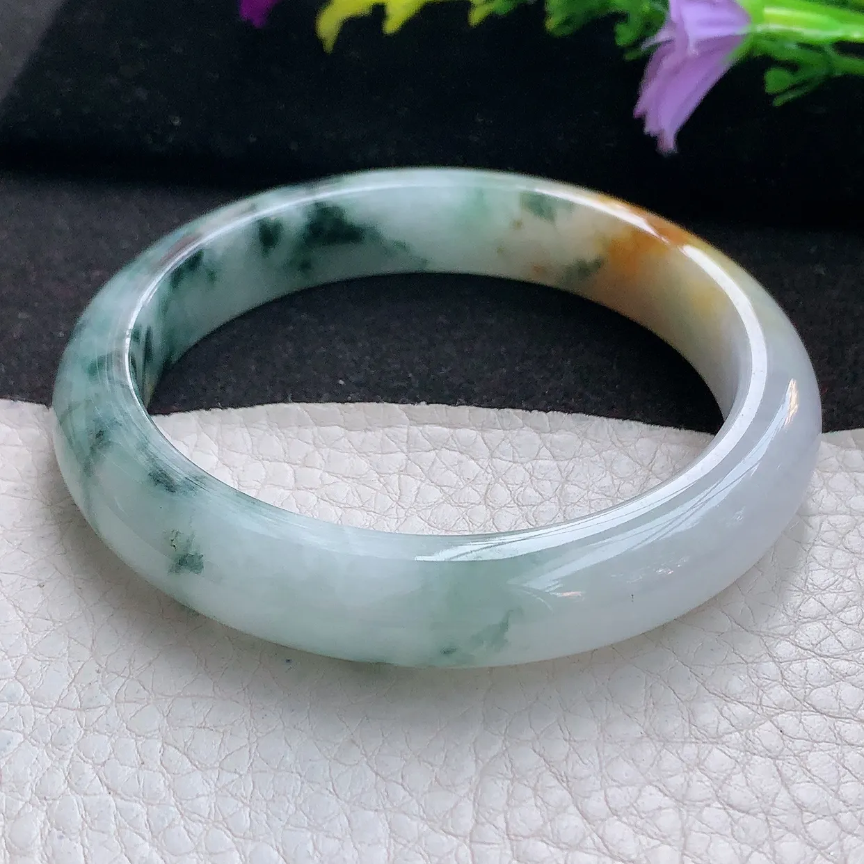 ss大圈口60*11.8*8.8平字镯 天然翡翠A货手镯三彩黄翡飘花宽边正圈平安镯