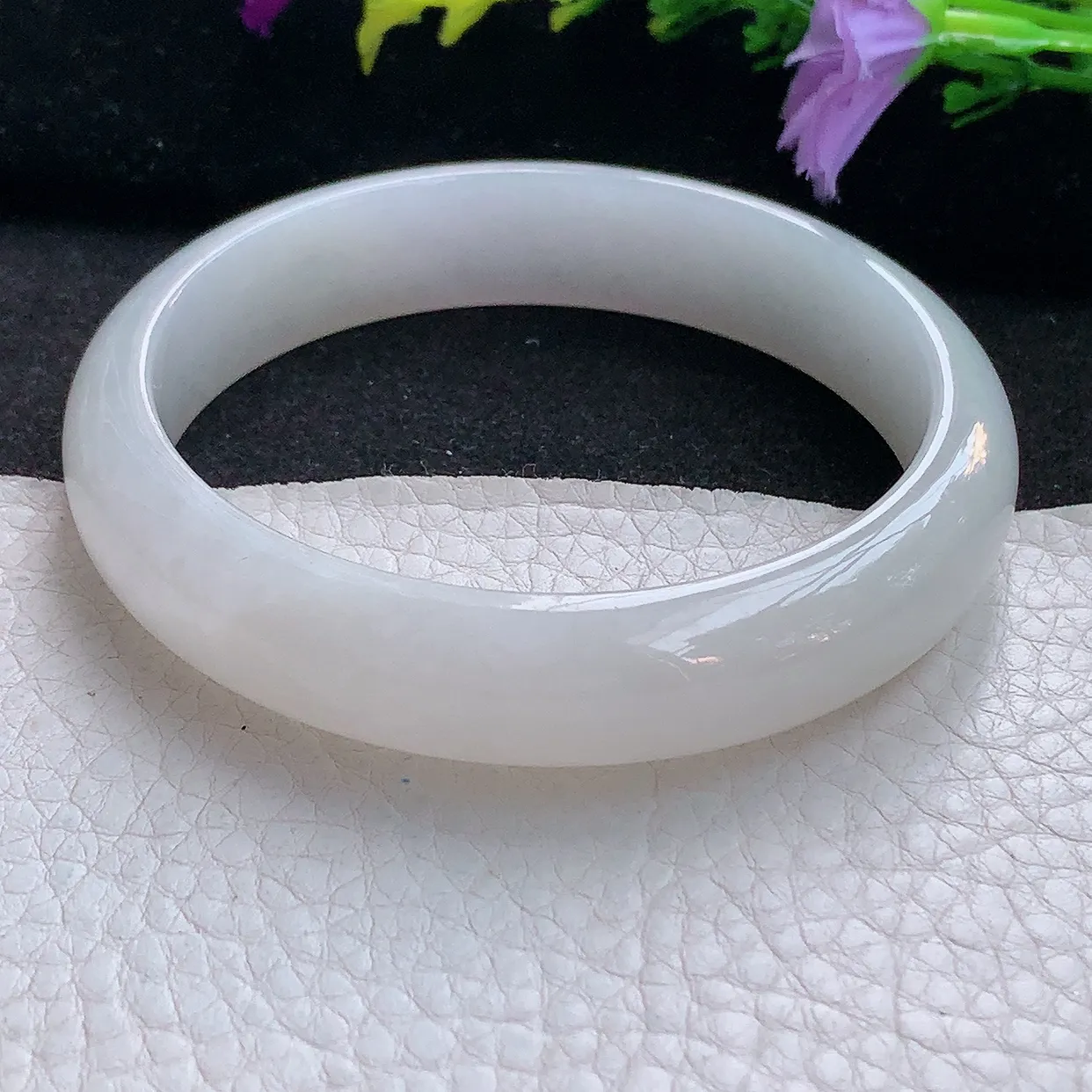 nr大圈口62*13.8*7.5平安镯 天然缅甸翡翠手镯水润宽边白色正圈玉镯子