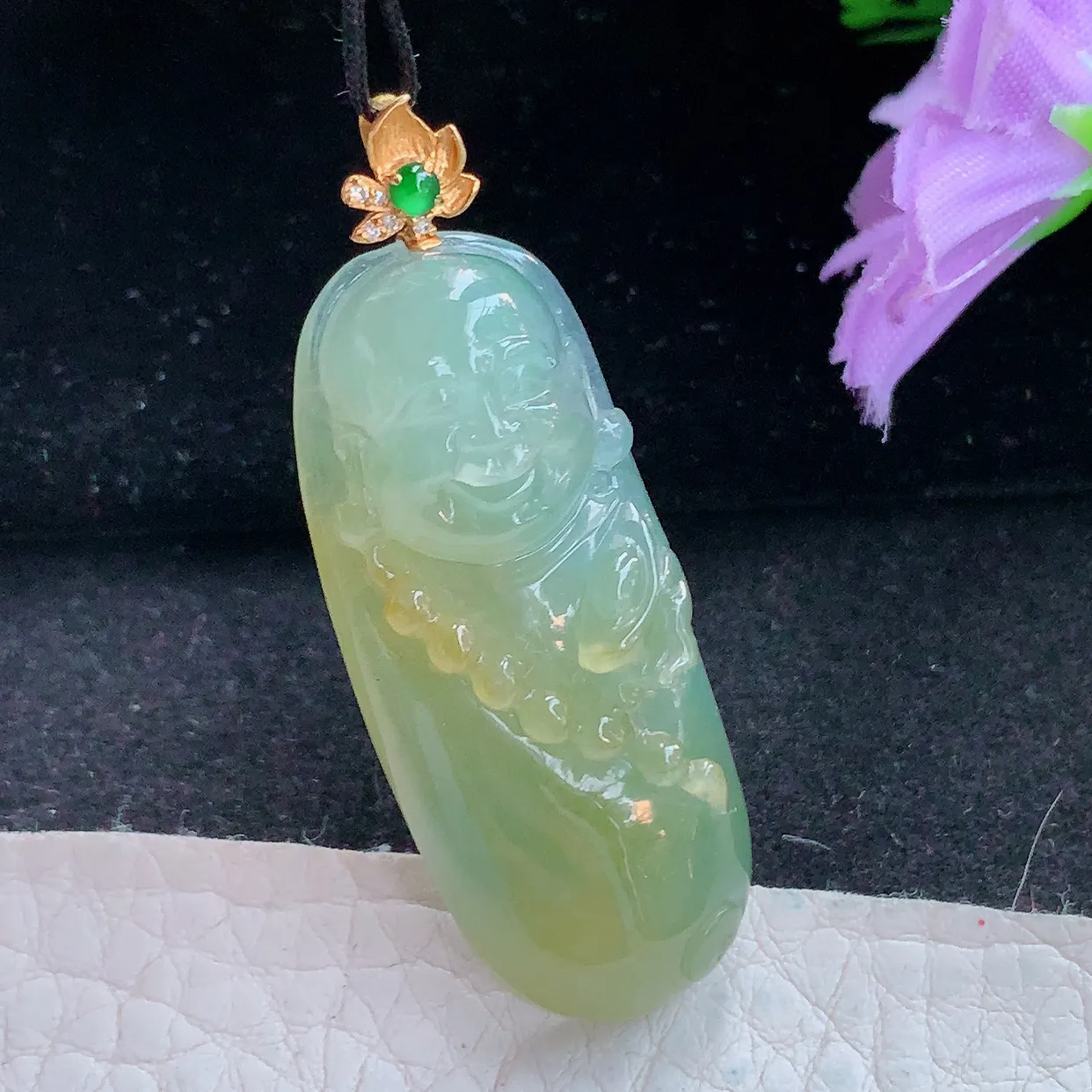 yl实拍40*16.5*10缅甸翡翠弥勒佛玉坠 黄翡福在眼前项坠镶18k金扣