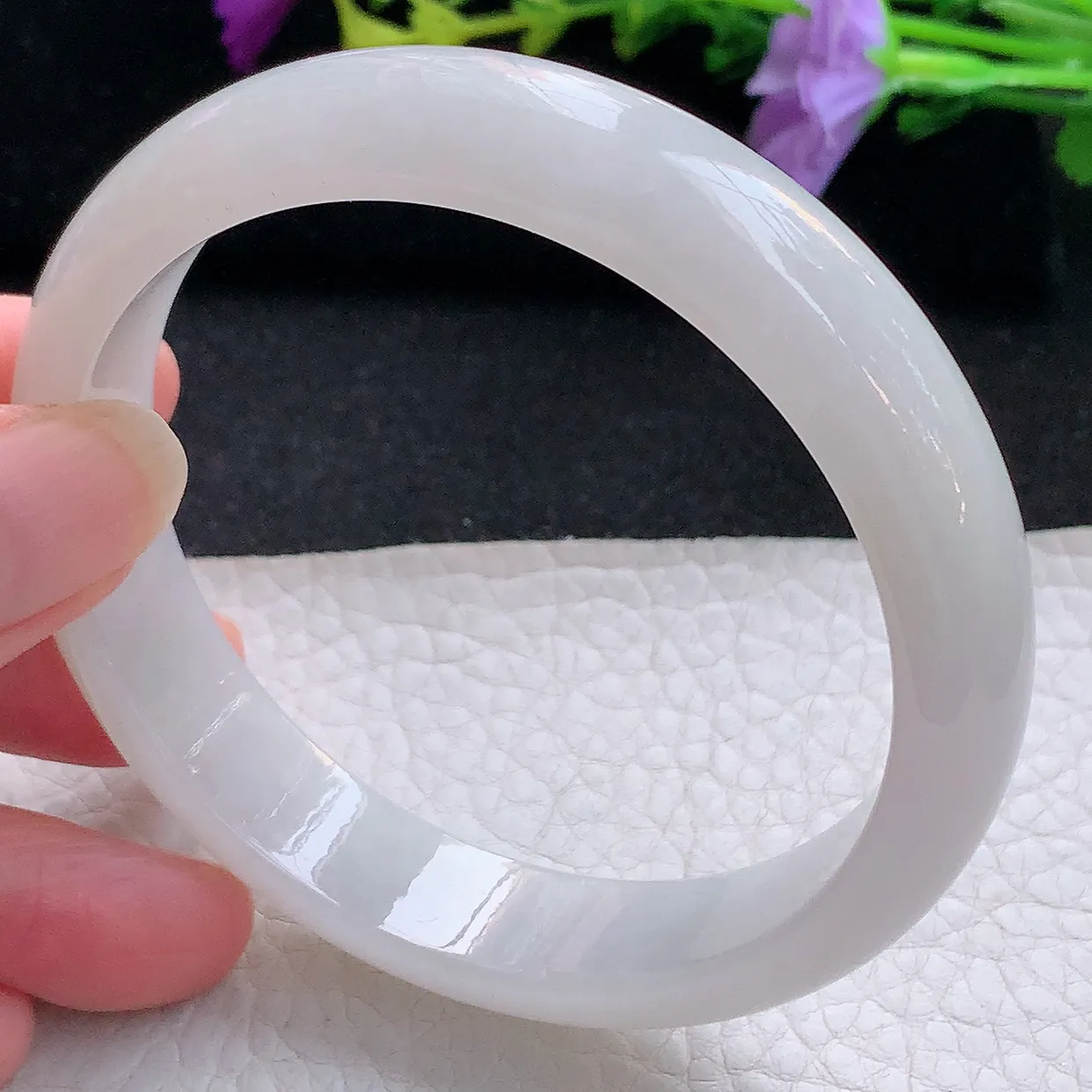 nr大圈口62*13.8*7.5平安镯 天然缅甸翡翠手镯水润宽边白色正圈玉镯子