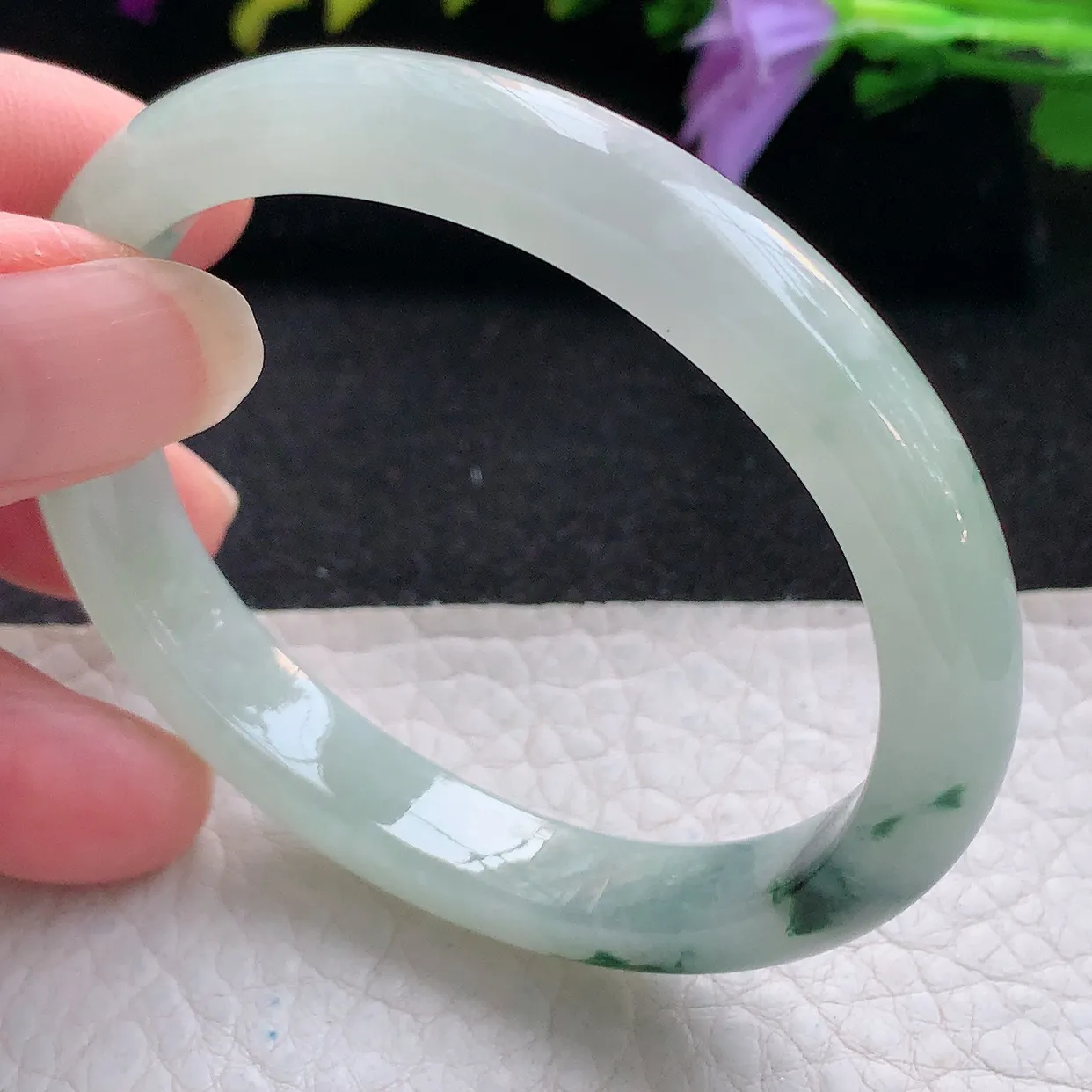 Z实拍54*46.5*9*7贵妃镯 天然翡翠A货手镯冰飘花宽边椭圆玉镯子