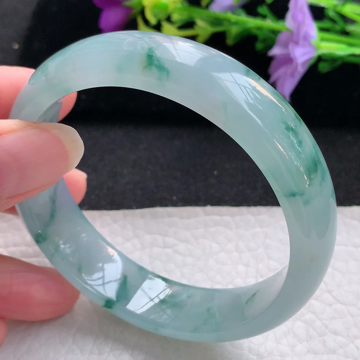 Js实拍58.5*15*7.5平安镯 天然翡翠A货手镯冰透飘花宽边正圈玉镯子