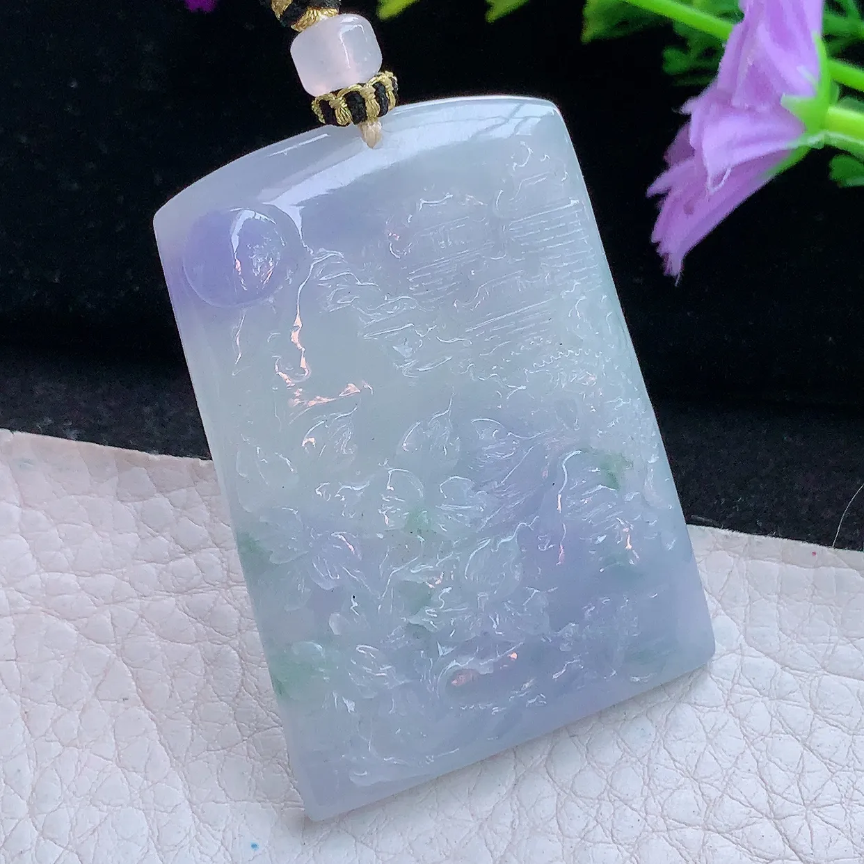 yl实拍50.5*36.8*5.6缅甸翡翠紫罗兰山水牌玉坠