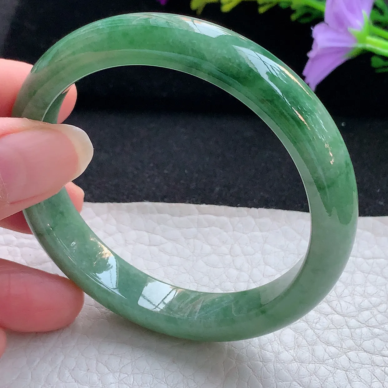 xx大圈口56.5*12*7.6平安镯 天然翡翠A货手镯油绿飘花宽边正圈玉镯子