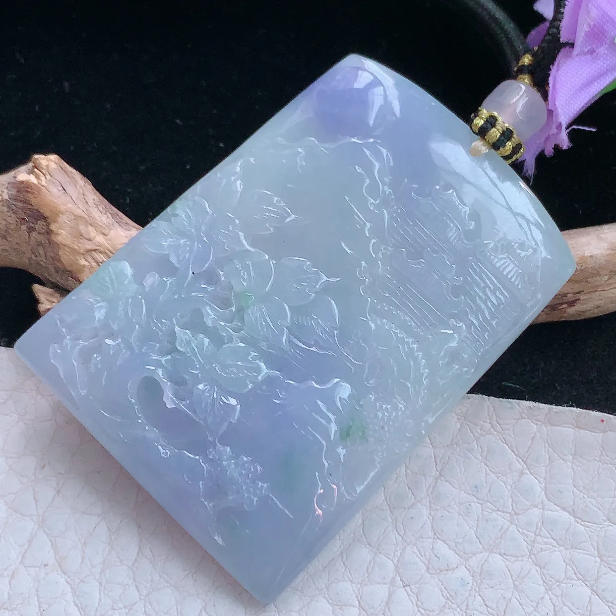 yl实拍50.5*36.8*5.6缅甸翡翠紫罗兰山水牌玉坠